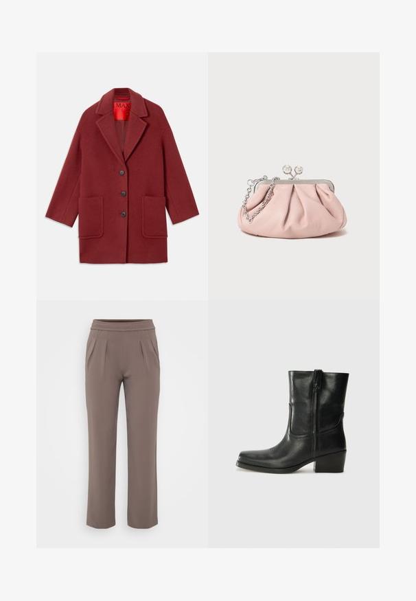 Burgundin villasekoitteinen takki, jossa on leikattu kaulus, kolme mustaa nappia ja kaksi etutaskua. Vuorattu punaisella. Rentomallinen ja polvimittainen.; Pitkähihainen, vaaleanbeige paita, jossa on pyöreä kaula-aukko. Valmistettu pehmeästä kankaasta, jossa on keskeinen sauma ja hieman kaareva helma. Ei näkyvää metalliosaa.; Harmaat löysät housut, joissa on joustava vyötärö ja etutaskut, valmistettu sileästä kankaasta.; Musta nahkasaapas nilkkamittaisella varrella, pyöreällä kärjellä, lohkarekorolla, sivuvetoketjulla ja ompeluaksentilla varren yläosassa. Suora pinta, klassinen muotoilu.; Vaaleanpunainen nahkakuuloket pursotettu muotoilun laukku, metallirunko, kaksi pyöreää lukkoa ja hopeaketjuolkaimet. Sileä pinta, kompaktin muotoinen.