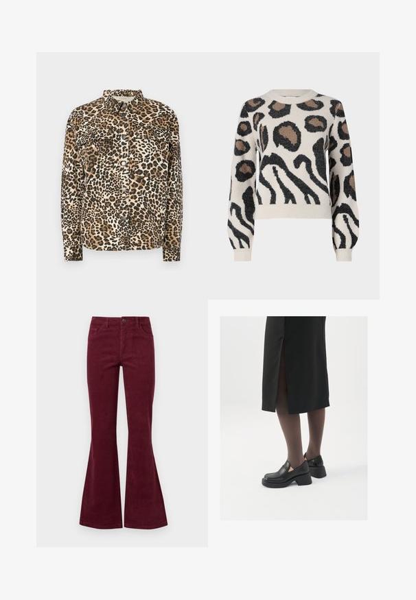 Košulja s printom leoparda, dugih rukava, s kopčanjem na dugmad, dva džepa na prsima i klasičnom kragnom. Izrađena od mekanog, teksturiranog materijala.; JDY LORRAINE - Vesta - cement; Bordo kord ženske traperice s pet džepova, prednjim dugmadi i teksturiranim materijalom. Odozdo od koljena do rubova su proširene.; Crne kožne cipele s zaobljenim vrhom, debelim blok petama i elastičnim bočnim detaljima, uparene s tamnim čarapama i crnom suknjom s prorezom.