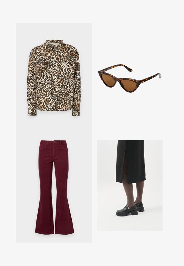 Leopard print shirt with long sleeves, button closure, two chest pockets, and a classic collar. Made from soft, textured material.; JDY LORRAINE - Jumper - cement; Burgundy corduroy flared jeans with five pockets, a front button closure, and textured fabric. Flares extend from knee to hem.; Black leather shoes with a rounded toe, thick block heel, and elastic side accents, paired with dark tights and a black skirt with a slit.; Cat-eye sunglasses with a black and orange tortoiseshell frame, brown lenses, and sleek, pointed tips. Features a minimal logo on the temple.