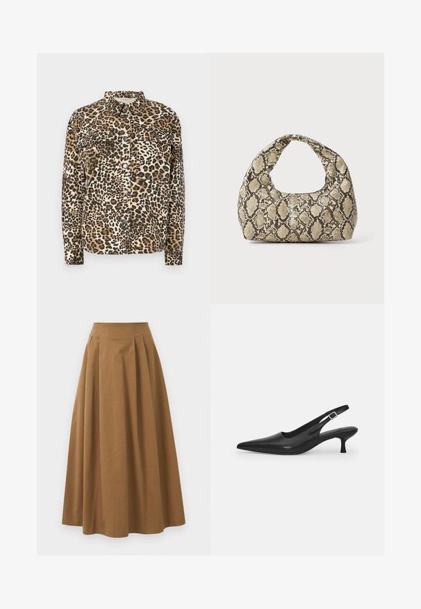Korte mouwen shirt met luipaardprint, knoopsluiting, twee borstzakken en een klassieke kraag. Gemaakt van zachte, gestructureerde stof.; Witte overhemd met knopen van glad katoen, met een klassieke kraag, lange mouwen en een afgeronde zoom. De knopen zijn klein en wit.; Bruine katoen A-lijn rok met een hoge taille, voorzien van plooien aan de voorkant en een gladde textuur. De zoomafwerking is schoon en eenvoudig.; Zwarte leren slingback schoen met een puntige neus en een slanke, gebogen hak. Voorzien van een discrete verstelbare band met een metalen gesp.; Slangpatroon handtas met een gebogen handvat. Gemaakt van gestructureerde, beige en bruine materialen, met een kenmerkend ruitpatroon.