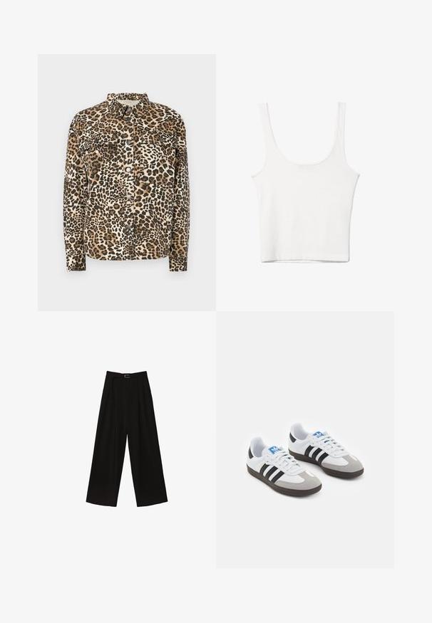 Camicia con stampa leopardata, maniche lunghe, chiusura con bottoni, due tasche sul petto e colletto classico. Realizzata in materiale morbido e testurizzato.; Top in cotone bianco senza maniche, con scollatura ampia e linea aderente. Tessuto liscio, design semplice e dettagli di cucitura minimi.; Pantaloni neri a gamba larga con vita alta, dotati di una cintura in vita e pieghe per aggiungere texture. Realizzati in un tessuto morbido e leggero.; Scarpe sportive con tomaia in pelle bianca, punta in suede grigia e tre strisce nere. Presentano un logo blu sulla linguetta e una suola in gomma testurizzata.