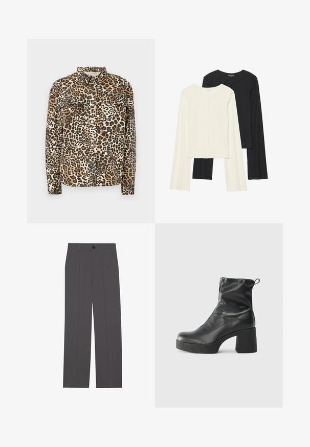 Chemise à imprimé léopard avec manches longues, fermeture à boutons, deux poches poitrine et col classique. Fabriquée dans un matériau doux et texturé.; Ensemble de deux hauts à manches longues en blanc et noir. Texture côtelée, col rond, design ajusté avec des manches légèrement évasées.; Pantalons gris avec une coupe droite, comprenant deux poches latérales et une fermeture à bouton. Tissu lisse sans motifs ni accents visibles.; Bottes noires à la cheville en cuir lisse, dotées d'une fermeture éclair sur le côté, d'un talon épais texturé et d'une conception à bout rond.