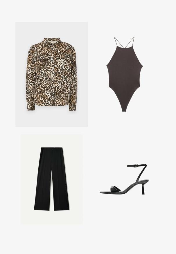 Løveprint skjorte med lange ærmer, knaplukning, to brystlommer og klassisk krave. Lavet af blødt, struktureret materiale.; Brun højhalset heldragt badedragt med tynde, justerbare stropper; har højt skåret ben og glat tekstur. Ingen mønstre eller udsmykninger.; Bershka WIDE - Bukser - black; Bershka Højhælede sandaletter / Højhælede sandaler - black