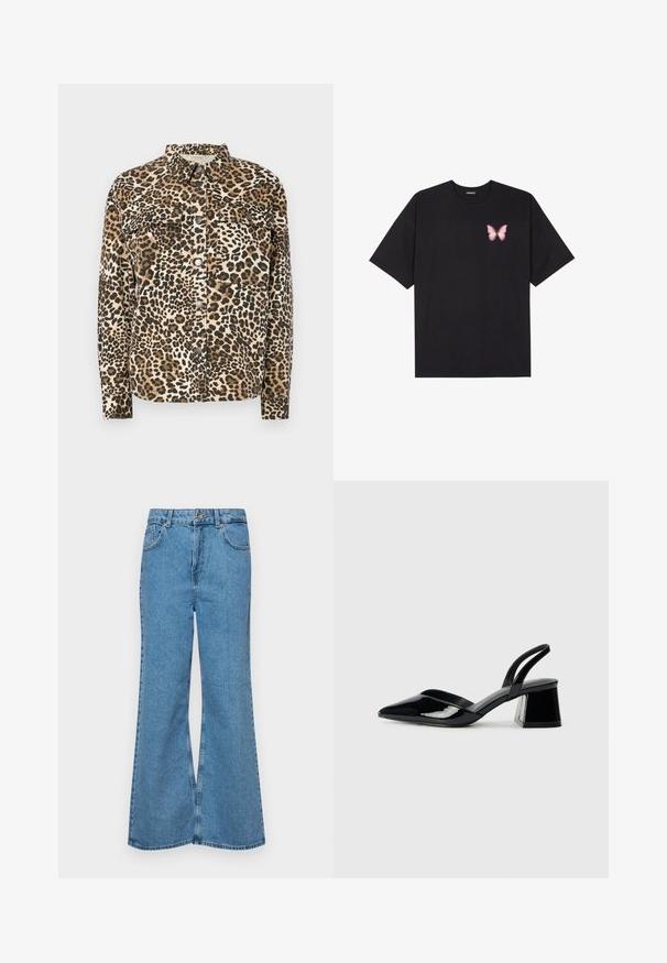 Løveprint skjorte med lange ærmer, knaplukning, to brystlommer og klassisk krave. Lavet af blødt, struktureret materiale.; Sort bomulds T-shirt med korte ærmer, prydet med en lille pink sommerfugl grafik på venstre bryst. Rund hals design med en afslappet pasform.; Lysblå flagrende jeans lavet af denim, med høj talje, fem lommer og en enkelt knaplukning. Blød tekstur med en falmet finish.; Sorte patentlæder slingback hæle med spids tå og en geometrisk blok hæl. Har et elegant, minimalistisk design og en glat tekstur.