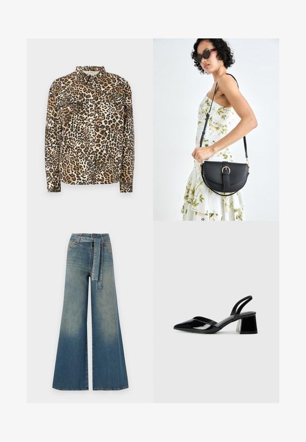 Leopardskrifta skjorte med lange ermer, knappeåpning, to brystlommer og klassisk krage. Laget av mykt, teksturert materiale.; Stripet cropped t-skjorte i marineblått og hvitt. Korte ermer, rund utringning, mykt stoff med horisontale striper og en avslappet passform.; Bredde ben jeans med en lyseblå til mørkeblå gradient, høyt liv, beltehemper og et matchende belte i samme stoff. Teksturert denimoverflate.; Svarte patentlær slingback hæler med spiss tå og geometrisk blokk hæl. Har et stilrent, minimalistisk design og jevn tekstur.; Svart lærveske med en buet form, avtagbar stropp og gullbeslag. Vesken har et klaff med spenne-detall.