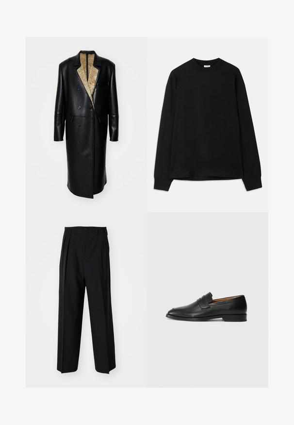 Sort læderfrakke med dobbeltradet design, stort slagkrave, struktureret beige foer og sidelommer.; Sort langærmet t-shirt lavet af blødt bomuld. Har en rund halsudskæring, løs pasform og ribbede ærmekanter. Ingen synlige mønstre eller logoer.; Sorte plisserede bukser med et lige, bred ben-design. Fremstillet af glat stof, med en knaplukning og bæltesløjfer.; Sort læder loafer med rund tå, diskret syning, og lav hæl, der har en glat tekstur og minimalistisk design.