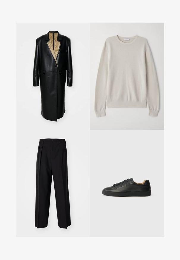 Black leather coat featuring a double-breasted design, large notched collar, a textured beige lining, and side pockets.; Light beige sweater made of soft knit fabric. Crew neckline, long sleeves, ribbed cuffs, and hem with subtle texture detail.; Black pleated trousers with a straight, wide-leg design. Made from smooth fabric, featuring a button closure and belt loops.; Black low-top leather sneaker with textured surface, black laces, and thick rubber sole, shown from the side on a light background.