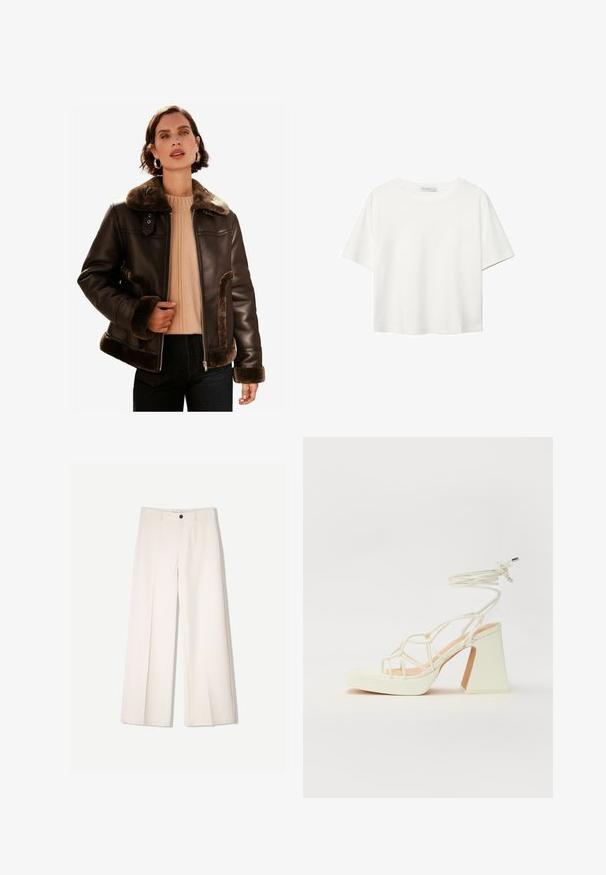 Giacca in pelle marrone con colletto e polsini in pelliccia sintetica; presenta chiusura con zip, tasche laterali e una finitura liscia e di testo.; T-shirt bianco a maniche corte realizzato in cotone. Presenta un collo tondo e una vestibilità rilassata. Texture liscia senza motivi o dettagli visibili.; Pantaloni larghi color crema con design sartoriale, dotati di due tasche frontali e una chiusura con bottone anteriore, realizzati in tessuto liscio.; Sandalo bianco con tacco alto, caratterizzato da un design a cinturini e un legaccio alla caviglia. Texture liscia con una piattaforma frontale per un'altezza aggiuntiva.