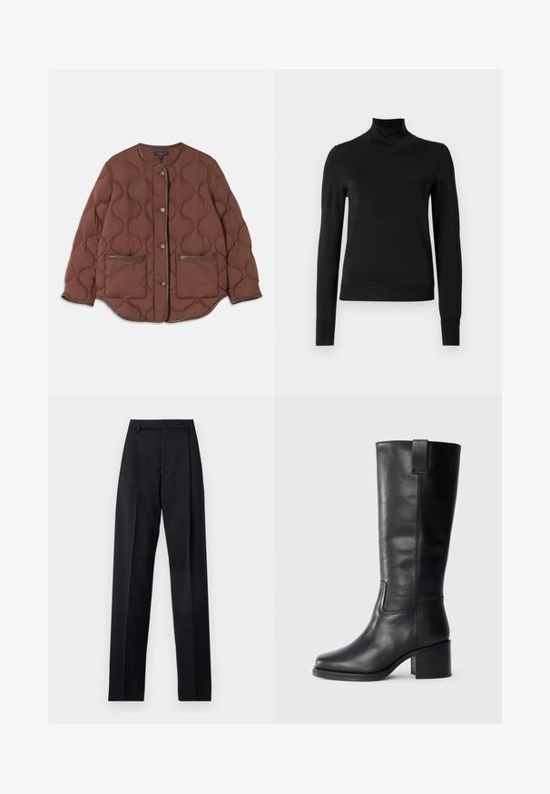 Rjav prešit plašč z okroglim izrezom, sprednjim gumbom, dvema sprednjima žepoma in gladkimi usnjenimi detajli ob robovih.; Črni pulover s dolgimi rokavi in vratnikom, z rebrastimi манжетами in robom, prikazan na enobarvni beli podlagi.; Črne hlače iz gladkega materiala, ki imajo visok pas, široke noge, sprednje nabore in klasične zanke za pas. Nevidni stranski žepi.; Črne usnjene škornje do kolen z gladko teksturo, kvadratnim nosom, blok peto in stranskimi zankami za obuvanje, ki vsebujejo minimalne šive.