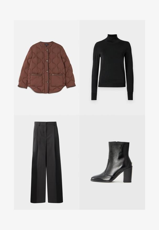 Giacca imbottita marrone con colletto rotondo, chiusura frontale con bottoni, due tasche frontali e dettagli in pelle liscia lungo i bordi.; Pullover nero a maniche lunghe con collo alto, rifinito con polsini e orlo a coste, mostrato su uno sfondo bianco semplice.; Pantaloni neri a gamba larga con vita alta, caratterizzati da pieghe frontali, una texture liscia e una finitura sartoriale. Progettati per un fit rilassato.; Stivale alla caviglia in pelle nera, con una superficie liscia, punta affilata e tacco alto e massiccio. Presenta una apertura laterale e un design minimalista.