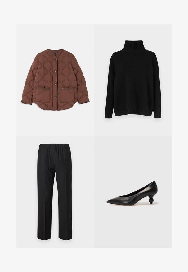 Brown quilted jacket featuring a round neckline, front button closure, two front pockets, and smooth leather accents along the edges.; Black knitted sweater with a high ribbed collar, dropped shoulders, and a relaxed fit. Features ribbed cuffs and hem for texture.; Black trousers with an elastic waistband, straight leg design, and no visible pockets. Smooth fabric with a matte finish.; Black leather high heel shoe with a pointed toe and a round, balled heel. Smooth texture with a sleek, minimal design.