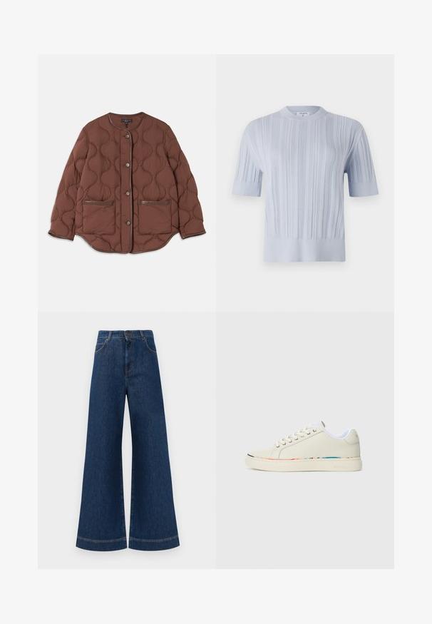 Geacă din puf maro, cu guler rotund, închidere frontală cu butoane, două buzunare frontale și accente de piele netedă pe margini.; Top tricotat scurt, de culoare albastru deschis, cu mâneci scurte, prezentând o textură ribbed verticală și un decolteu rotund. Țesătura are detalii subtile cu un tiv ajustat.; Jeans din denim albastru cu picioare largi și talie înaltă, având închidere cu buton, bucle pentru curea și detalii discrete de cusut pe buzunare și la tivuri.; Sneaker de tip low-top de culoare alb murdar, cu brâu de legare, căptușeală interioară albă și o margine subtilă multicoloră pe marginea talpii, vedere laterală.
