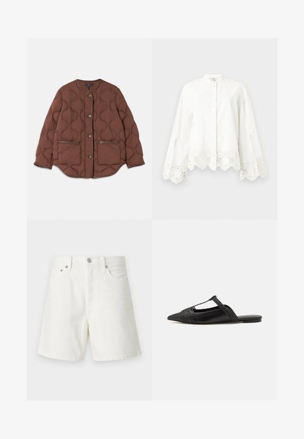 Chaqueta acolchada marrón con cuello redondo, cierre frontal de botones, dos bolsillos delanteros y detalles de cuero liso a lo largo de los bordes.; Camisa blanca de manga larga abotonada con adornos de encaje en los puños y el dobladillo, que presenta un cuello mandarín y un sutil bordado decorativo.; Shorts de mezclilla blanca con corte recto, diseño de cinco bolsillos, cierre frontal con botón, herrajes plateados y detalles de costura.; Zapato de piel negra tipo slingback con punta afilada, que presenta un detalle trenzado y un diseño superior plisado. Suela plana con hardware mínimo.
