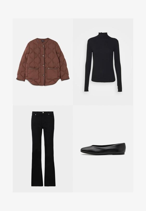 Bruine gewatteerde jas met een ronde halslijn, sluiting met knopen aan de voorkant, twee voorzakken en gladde leren accenten langs de randen.; Zwarte langärmelige turtleneck top van soepel stof, met een gerimpelde hals en een aansluitende silhouet met eenvoudige randen.; Zwarte flared jeans van denim, met twee voorzakken, een knoopsluiting en een gladde textuur. Kenmerkende stiksels zichtbaar bij de naden.; Paul Smith TOPANGA - Ballerina's - black