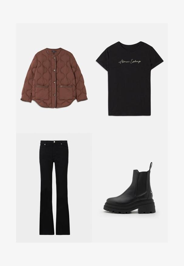 Brown quilted jacket featuring a round neckline, front button closure, two front pockets, and smooth leather accents along the edges.; Black cotton t-shirt featuring short sleeves and a crew neckline, adorned with a cursive "Armani Exchange" logo in white.; Black flared jeans made of denim, featuring two front pockets, a button closure, and a smooth texture. Signature stitching visible at seams.; Black chelsea boots made of smooth leather with elastic side panels, a thick, ridged rubber sole, and a pull tab at the back.