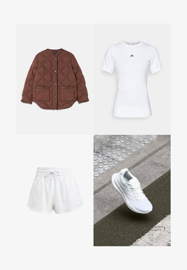 Giacca imbottita marrone con colletto rotondo, chiusura frontale con bottoni, due tasche frontali e dettagli in pelle liscia lungo i bordi.; Maglietta sportiva bianca a maniche corte, realizzata in tessuto liscio e elasticizzato. Presenta un piccolo logo Adidas nero sul petto.; Pantaloni sportivi bianchi con cintura elastica e cordino regolabile. Realizzati in materiale leggero, presentano tasche laterali e una vestibilità ampia.; Scarpa sportiva bianca con tomaia in mesh, design con lacci e suola testurizzata. Dettagli di branding sottili e costruzione senza cuciture visibili.