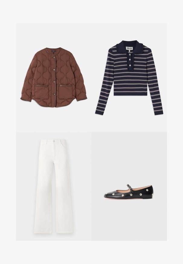 Veste matelassée marron avec un col rond, fermeture à boutons sur le devant, deux poches avant et des accents en cuir lisse le long des bords.; Chemise à manches longues marine avec des rayures horizontales roses, un col à volants et une patte de boutonnage à trois boutons à l'avant ; fabriquée en un matériau doux et extensible.; Jean large blanc taille haute en denim. Se ferme par un bouton, dispose de deux poches avant et de coutures détaillées sur les côtés.; Chaussure plate en cuir noir type Mary Jane avec un bout arrondi, ornée de clous ronds en argent et dotée d'une sangle réglable avec une boucle.