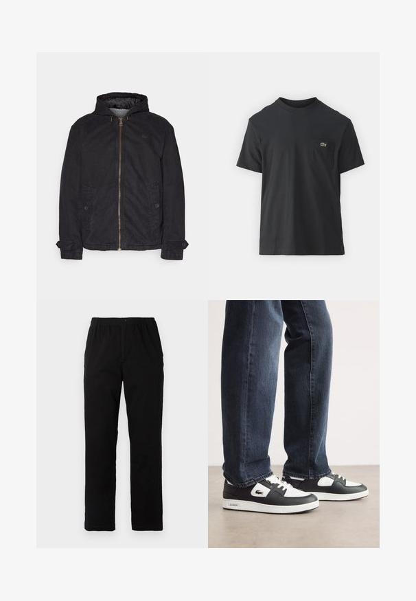 Lacoste Viegla jaka - black; Melnas kokvilnas T-krekls ar īsām piedurknēm, apaļu kakla izgriezumu un mazu zaļu logotipu kreisajā krūšu kabatē. Vienkāršs dizains, regulāra piegriezuma.; Melnas bikses no kokvilnas maisījuma auduma, ar taisnu griezumu, elastīgu jostasvietu ar pogu un bez redzamām rakstu vai akcentiem.; Melnbalti Lacoste sporta apavi ar teksturētu ādas augšdaļu, ar saistēm un baltu gumijas zoli. Nēsāti ar tumšām džinsām.