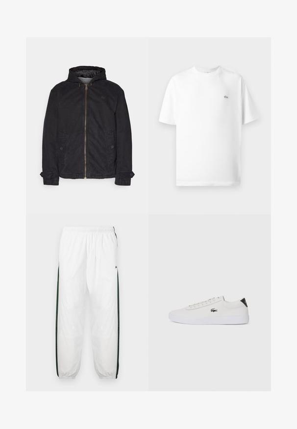 Lacoste Lagana jakna - black; Bijela pamučna majica kratkih rukava s okruglim izrezom. Ima mali crni Lacoste logo na lijevoj strani prsnog koša.; Bijele trenirke s tamnozelenim bočnim trakama. Lagani materijal, elastičan pojas i manžetne na rubovima. Sadrže mrežastu teksturu na bočnim trakama.; Bijele kožne tenisice s okruglim vrhom, vezanjem sprijeda i crnim detaljem na peti. Imaju mali izvezeni logotip krokodila s bočne strane.