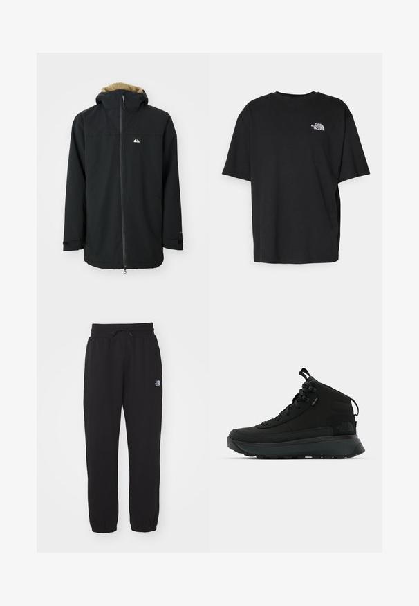 Μαύρο αδιάβροχο μπουφάν με κουκούλα επενδυμένη με γούνα, μπροστινό φερμουάρ και λογότυπο. Διαθέτει μακριά μανίκια και ρυθμιζόμενους καρπούς. Υφή υφάσματος.; Μαύρο βαμβακερό T-shirt με στρογγυλή λαιμόκοψη και κοντά μανίκια. Διαθέτει λευκό λογότυπο στην αριστερή πλευρά του στήθους. Απλή, χαλαρή εφαρμογή.; Μαύρες φόρμες από μαλακό ύφασμα, με ελαστική μέση και κορδόνι, με μανσέτες στα πόδια και ένα μικρό λογότυπο στο επάνω μέρος του μηρού.; Μαύρες ημι-ψηλές μπότες πεζοπορίας με επάνω τμήμα από υφασμάτινο υλικό, ενισχυμένη μύτη, ασφαλές σύστημα δέσιμου και παχύ αφρώδες πέλμα για καλύτερη πρόσφυση.
