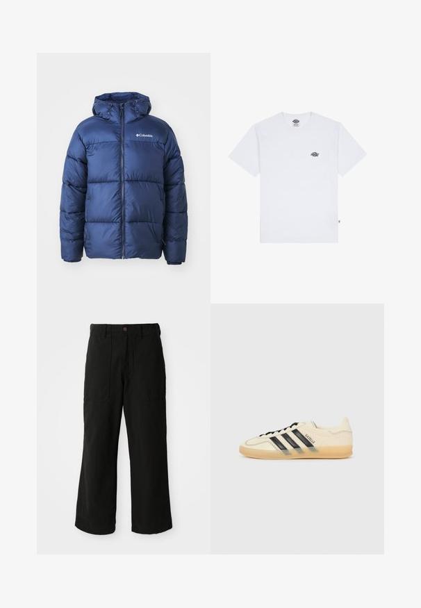 Navy blue puffer jacket with a hood, featuring a zip front, elastic cuffs, and a quilted design. Columbia logo on the upper left chest.; White cotton t-shirt with short sleeves, featuring a small black logo on the chest and a tag on the bottom left corner.; Black wide-leg pants made of soft fabric, featuring front pockets and a button closure at the waist. Minimalist design with no visible patterns.; Light cream sneaker with black three-stripe design, textured upper, round toe, and gum sole. Features laces and branding on side.