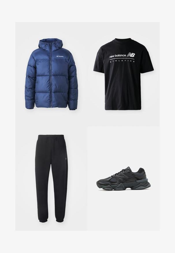 Mörkblå puffjacka med huva, med dragkedja fram, elastiska ärmslut och ett kviltat mönster. Columbia-logotypen på övre vänstra bröstet.; Svart bomullströja med rund halsringning, korta ärmar och vit textgrafik med "new balance" och "ATHLETICS" på framsidan.; Svarta sweatpants gjorda av mjukt material med elastisk midja, snörning och smalnande mudd, med en subtil logotyp på sidan.; Svart löparsko med en kombination av mesh och syntetiska material, kraftig sula, rundad design och framträdande varumärkning på sidan.