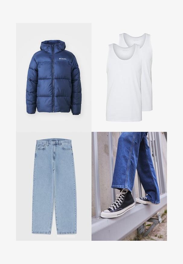 Casaco acolchoado azul-marinho com capuz, apresentando fecho éclair à frente, punhos elásticos e um design acolchoado. Logótipo da Columbia no canto superior esquerdo do peito.; T-shirts brancos de algodão com decote arredondado, apresentando uma textura suave. Dois exemplares expostos, rotulados "PIER ONE."; Jeans de denim azul claro com design de perna reta, apresentando uma cintura de altura média, cinco bolsos e um fecho de botão e zíper.; Ténis altos pretos com sola e atacadores brancos, combinados com jeans azul desgastado, repousando sobre um corrimão cinza.