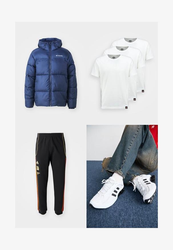 Námornícky modrá prešívaná bunda s kapucňou, s predným zipsom, elastickými manžetami a prešívaným dizajnom. Logo Columbia na hornej ľavej strane hrude.; Tri obyčajné biele bavlnené tričká s krátkym rukávom. Každé tričko má okrúhly výstrih a malú čiernu nálepku s logom na ľavej strane.; Čierne športové nohavice s elastickým pásom, zlatými a červenými bočnými pruhmi a žltými logami na ľavom stehne.; Biele sieťované športové topánky s čiernymi akcentmi, ktoré majú textúrovaný dizajn a charakteristickú podrážku, v kombinácii s modrými džínsami.