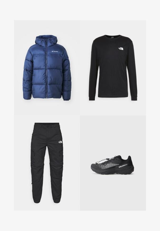Tamsiai mėlynas pūkinis džemperis su gaubtu, su užtrauktuku priekyje, elastinėmis rankovėmis ir siuvinėta struktūra. Columbia logotipas viršutinėje kairėje krūtinės pusėje.; Juoda džemperis ilgomis rankovėmis, pagamintas iš medvilnės, su baltu logotipu kairėje krūtinės pusėje ir pūstomis rankogaliais. Lygus paviršius su apykakle.; The North Face EXPLORATION TAPERED CONVERTIBLE - Lauko kelnės - black; Juodas trail bėgimo batelis su tekstūruotu tinklo viršumi, atspindinčiomis detalėmis, paminkštintu padu ir elastine raištelių sistema. Logotipas šone.