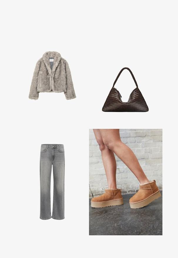 Grå fuskpäls kort jacka med långa ärmar och bred krage, som har en synlig varumärkesetikett innanför kragen.; Ljusgrå stickad långärmad tröja med ribbad nederkant och ärmslut, med V-ringning och avslappnad passform.; Vit t-shirt med kort ärm i bomull. Har en rundad halsringning och en avslappnad passform. Slät textur utan synliga mönster eller detaljer.; Breda jeans i grå denim, med hög midja, fem fickor, en knappstängning fram och subtil blekning på tyget.; Bruna mocka ankelskor med en fluffig foder, tjock beige plattformssula och en dragflik bak. Texturerad yta med synliga sömdetaljer.; Mörkbrun triangelformad vävd läderhandväska med ett enda flätat handtag och synlig dragkedjekloss på ena sidan.; Set om åtta silverringar, med olika mönster inklusive släta, texturerade och en med små pärlor. Funktioner inkluderar kurvor och detaljer.