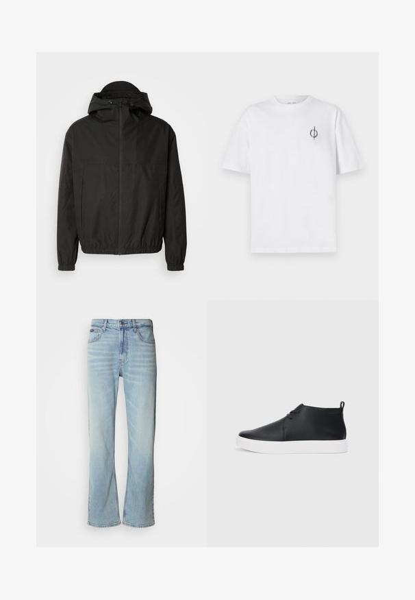 Black zip-up jacket featuring a spacious hood, elastic cuffs, and a fitted waistband. Made from smooth, lightweight fabric with a matte finish.; White cotton t-shirt with a relaxed fit, featuring a small black graphic logo on the left chest area. Short sleeves, crew neck style.; Light blue denim jeans with a straight-leg cut, featuring five pockets, a button closure, and subtle fading on the fabric.; Black leather high-top sneakers with a smooth finish, white rubber sole, and simple lace-up design. Features a pull tab at the back.