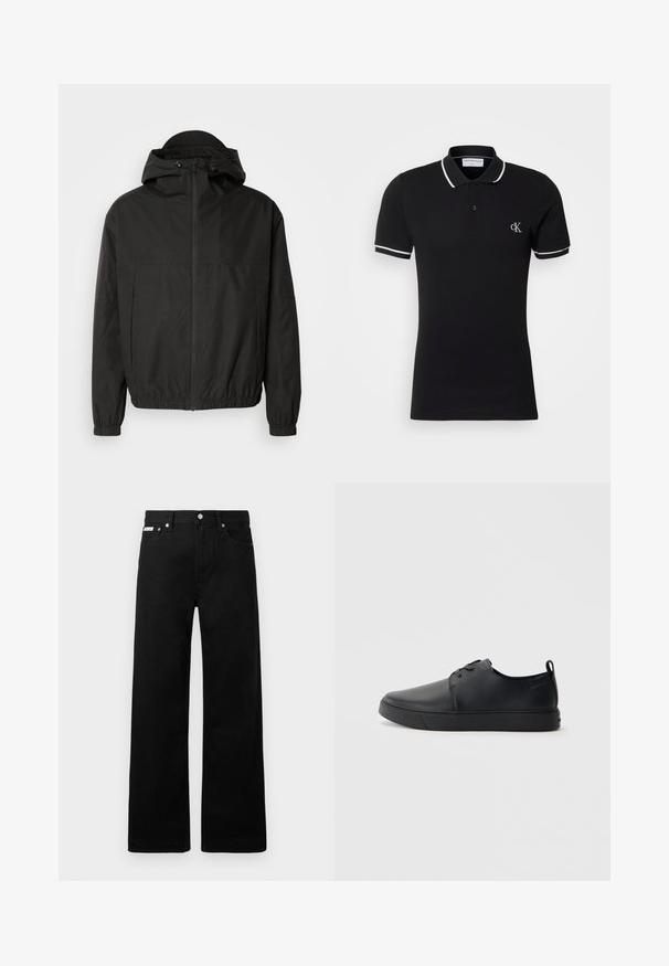 Sort zip-jakke med en rummelig hætte, elastiske manchetter og en tætsiddende talje. Lavet af glat, letstof med en mat overflade.; Sort polo skjorte lavet af bomuld, med en let stræk, hvid krave og ærme trim, samt et lille logo på brystet.; Sorte denimbukser med bred ben-design, der har fem lommer og metallisk knapdetalje. Glat tekstur, uden synlige mønstre.; Sorte lædersneakers med en glat finish, rund tå, tonalt syning, snøring foran og en flad gummisål. Løkke ved hælen.