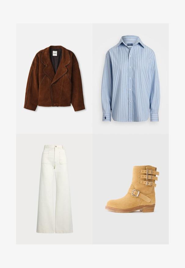 Smeđi suknjeni kaput s izrezanim kragnom, oversized krojem, dvostrukim kopčanjem i kontrastnim obrubima uz šavove.; Svijetloplava košulja dugih rukava s vertikalnim prugama u bijeloj i smeđoj boji, kopčanje sprijeda sa gumbima i mali logo na lijevom manžetnu. Mekana tekstura tkanine.; Široke traperice u boji krem-paleža. Visoki struk s kopčanjem na dugme, dva prednja džepa i kontrastni šavovi.; Žute čizme s antilopom do članaka s tri kopče sa strane, zaobljenim vrhom i složenom drvenom petom. Teksturirana površina za dobar prianjanje.