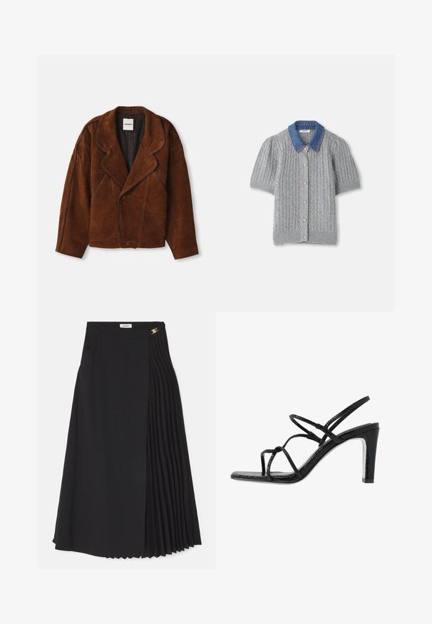 Brun ruskindsjakke med slået krave, overdimensioneret pasform, dobbeltradet lukning og kontrasterende piping langs sømmene.; Grå strikket kortærmet cardigan med et kabelmønster, som har en denimkrave og fem guldknapper foran.; Sort midikjole med plisseret design på den ene side, lavet af letvægtsstof med usynlig lynlås og sidelommer.; Sorte hælede sandaler med tynde stropper, en tekstureret overflade, åben tå og et slankt, spidst hældesign. Har en glat indersål og en skinnende overflade.