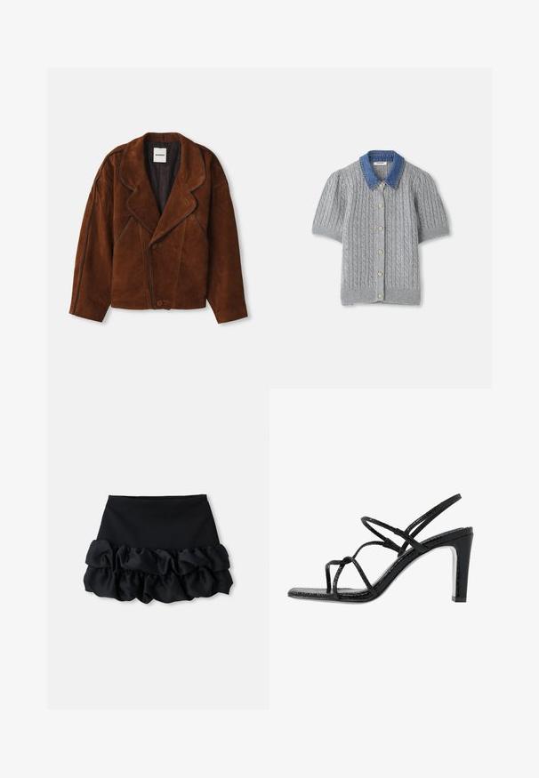 Veste en daim marron avec un col à revers, coupe oversize, fermeture double boutonnage et passepoil contrasté le long des coutures.; Cardigan gris en tricot à manches courtes avec un motif en treillis, doté d'un col en denim et de cinq boutons dorés sur le devant.; Mini-jupe noire avec un haut ajusté et trois couches de tissu froncé en bas, avec une texture lisse et des lignes épurées.; Sandales noires à talons avec des fines lanières, une finition texturée, bout ouvert et un design de talon pointu et élégant. Équipées d'une semelle intérieure lisse et d'une surface brillante.