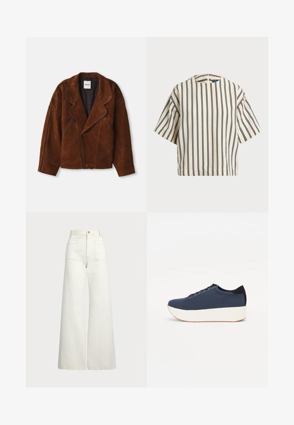 Bruine suede jas met een gekarteld kraag, oversized pasvorm, dubbele knoopsluiting en contrasterende piping langs de naden.; Korte mouwen, gestreepte top in crème en marineblauw, met een ronde halslijn en een boxy ontwerp van een textuurstof.; Wijd-zit jeans van off-white denim. Hooggaande taille met een knoopsluiting, twee voorzakken en contrasterende stikdetails.; Marineblauwe sneaker met een textuurstof bovenwerk, witte platformzool, ronde neus en zwart hakaccent. Voorzien van zes gaatjes voor veters.