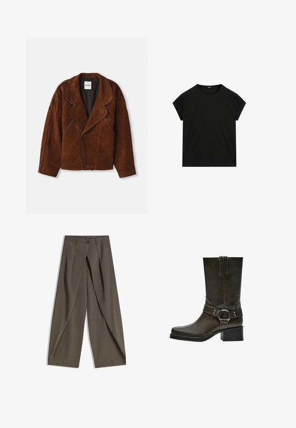 Hnědá suede bunda s vykrojeným límcem, oversized střihem, dvouřadým zapínáním a kontrastním lemováním podél švů.; Černé tričko s krátkým rukávem a kulatým výstřihem s rovnými lemy, vystavené na bílé ploše.; Kalhoty s širokými nohavicemi vyrobené z texturované tkaniny tmavě šedé barvy. Obsahují přední záhyb, zapínání na knoflík a boční kapsy pro praktičnost.; Hnědé kožené kotníkové boty se čtveratou špičkou, krátkým blokovým podpatkem a dekorativním páskem se sponou ze stříbrného kovu. Hladká textura, jednoduchý design.