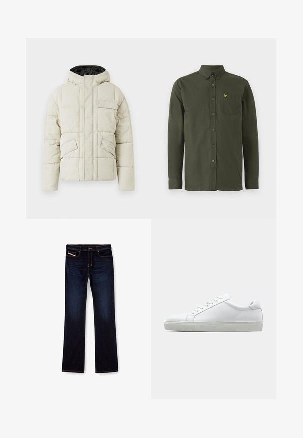 Jachetă călduroasă bej deschis, cu fermoar frontal, trei buzunare cu clapă și glugă căptușită cu negru, concepută pentru vreme rece.; Cămașă lungă cu mânecă verde închis, cu guler butonat, buzunar pe piept și un mic logo brodat cu o pasăre galbenă pe buzunar.; Jeans din denim de culoare albastru închis, cu croială dreaptă, prezentând cusături portocalii, fermoar și buzunare frontale. Textură netedă și talie standard.; Adidași albi cu o suprafață din piele netedă și un profil jos. Au un vârf rotunjit, șase orificii pentru șireturi și o talpă din cauciuc texturată.