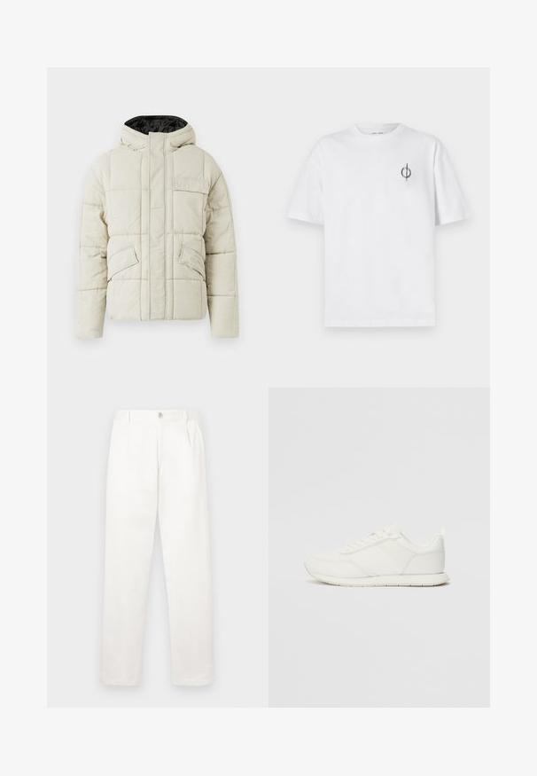 Világos bézs színű steppelt dzseki, elülső cipzárral, három zsebből álló, fedelezett zsebel, és fekete bélésű kapucnival, hideg időjárásra tervezve.; Fehér pamut póló laza szabással, kis fekete grafikai logóval a bal mellen. Rövid ujjak, kerek nyakkivágás.; Fehér nadrág sima anyagból, egyenes lábbal, elülső pliszékkal és egy gombos záródással a derékon.; Fehér sneaker hálós és szintetikus felsőrésszel, kerek orral, lapos fűzőkkel és textúrázott oldalsávval. Gumi talp hátul húzófüllel.