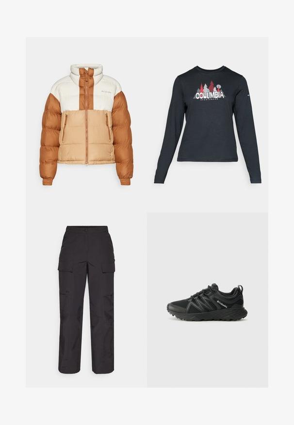 Puffer jacket in beige and brown hues with a high collar, zippered pockets, and a boxy design. Features horizontal quilted texture.; Long-sleeve dark gray shirt with a graphic of red trees and mountains; "COLUMBIA" logo in bold white text. Soft fabric, standard crew neck.; Black cargo pants made of durable fabric, featuring multiple side pockets, a button closure, and a loose fit with straight legs.; Columbia PEAKFREAK - Hiking shoes - black