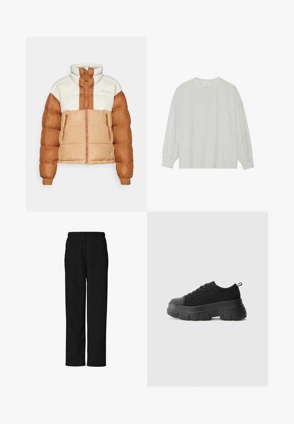 Puffer jacket in beige and brown hues with a high collar, zippered pockets, and a boxy design. Features horizontal quilted texture.; Light gray long-sleeve t-shirt made of soft cotton. Features a loose fit, round neckline, and gently gathered cuffs. No patterns or graphics.; Black, elastic waistband pants made of soft fabric; straight leg design with no pockets; smooth texture, suitable for casual wear.; Black sneakers with a chunky rubber sole, textured fabric upper, round toe, and lace-up design. Features reinforced eyelets and back pull tab.