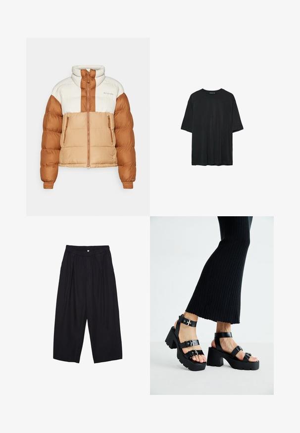 Pufová bunda v béžových a hnedých odtieňoch s vysokým golierom, zipsovými vreckami a obľúbeným boxovým strihom. Obsahuje horizontálne prešívanú textúru.; Čierne tričko s krátkym rukávom vyrobené z jemného materiálu, s okrúhlym výstrihom a voľným strihom bez viditeľných vzorov alebo akcentov.; Čierne polyesterové culotte nohavice s elastickým pásom, dvoma prednými záhybmi a voľným strihom. Žiadne viditeľné vzory ani detaily z kovu.; Čierne platformové sandále s robustnými, zúbkovanými podrážkami a viacerými popruhmi, s kovovými prackami a hladkým textúrou pripomínajúcou kožu.