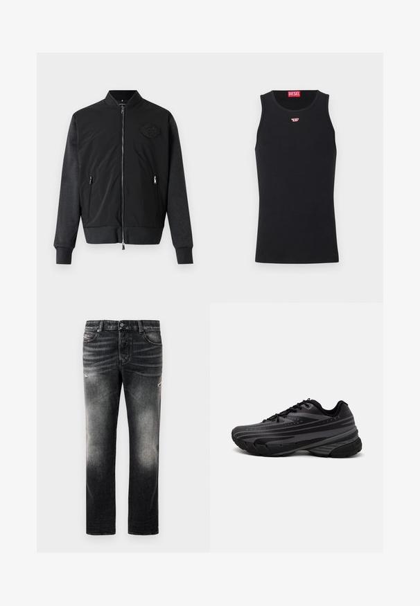 Sort bomberjakke med lynlåslukning foran, ribbede manchetter og et tekstureret stofdesign. Med et logo-patch på venstre bryst.; Sort træningsskjorte lavet af glat stof, med rund halsudskæring, ærmehuller og et lille rødt logo på brystet. Simpelt design, ærmeløs.; Sorte jeans med en falmet finish og slidte detaljer, standard fem-pockets design og lynlås. Lavet af denim stof.; Sort løbesko med en struktureret overdel og grå striber. Tykk sål for støddæmpning, rund tå og flade snørebånd for et sikkert fit.