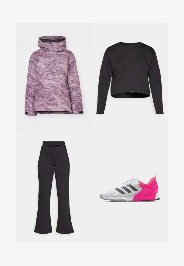 Jachetă de schi violet marmorat cu glugă, închidere frontală cu fermoar și logo, confecționată dintr-un țesătură durabilă și cu mansete ajustabile pentru o potrivire optimă.; Hanorac negru cu un design scurtat, mâneci lungi, gât rotund și accente pe panourile laterale. Fabricat din material moale și elastic. Siret reglabil la tiv.; Pantaloni de trening negri, cu croi evazat, confecționați dintr-un material moale, având un elastic cu șnur la talie și o textură netedă. Proiectați pentru confort și ușurință în purtare.; Adidaș alb cu dungi gri, superior din plasă și toc și accente roz. Are toc texturat și talpă din cauciuc. Șireturile și gulerul căptușit.