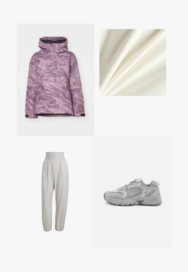 Paars gemarmerde skijack met capuchon, rits aan de voorkant en logo, gemaakt van een duurzame stof en verstelbare manchetten voor een optimale fit.; Witte fleece stof met een zachte, pluche textuur, met gladde en licht verhogende vezels, gerangschikt in zachte plooien.; Lichtgrijze, lichte broek met een elastische tailleband, geplooide boorden en zijnaden met een subtiele textuur over de lengte.; Zilveren hardloopschoen met een slank design, gaaspanelen, een gevoerde tong, textuur van synthetisch bovenwerk en rubberen buitenzool voor grip.