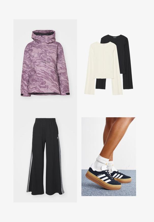 Casaco de esqui roxo em mármore com capuz, fecho frontal em zip, e logotipo, apresentando um tecido durável e punhos ajustáveis para um ajuste otimizado.; Conjunto de duas blusas de manga longa em branco e preto. Textura canelada, decote redondo, design ajustado com mangas ligeiramente evasê.; Calças de suor largas e pretas com uma cintura elástica, apresentando riscas brancas nas laterais e um logótipo bordado na coxa esquerda.; Ténis de camurça preta com riscas e detalhes brancos, biqueira arredondada, sola em borracha cor de goma, combinados com meias brancas caneladas até à altura do tornozelo.