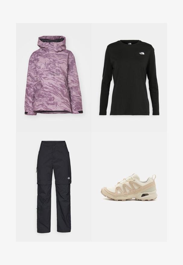 Fialově mramorovaná lyžařská bunda s kapucí, předním zipem a logem, vyrobená z odolné látky a s nastavitelnými manžetami pro optimální pohodlí.; Černé tričko s dlouhým rukávem vyrobené z bavlny s kulatým výstřihem. Na levé části hrudi se nachází malé bílé logo. Jednoduchý design a střih.; Černé nylonové cargo kalhoty na zip s nastavitelnými manžetami, několika kapsami a logem na pravé noze. Hladká, lehká textura.; Béžová a krémová sportovní obuv s texturovaným síťovaným svrškem, podpůrnými překryvy a gumovou podrážkou s dezénem pro lepší přilnavost.