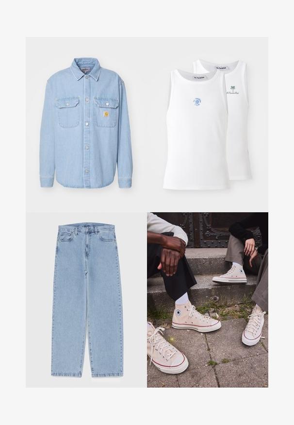 Light blue denim shirt with button-up front, two chest pockets, and a small logo patch. Features a classic collar and long sleeves.; Two white tank tops, ribbed texture, featuring blue and green embroidered logos. One has a sun design, the other a palm tree.; Light blue denim jeans with straight leg design, featuring a mid-rise waist, five pockets, and a button and zipper closure.; High-top beige canvas sneakers with red stripe, white rubber sole, and metal eyelets, featuring iconic star logo on the side.