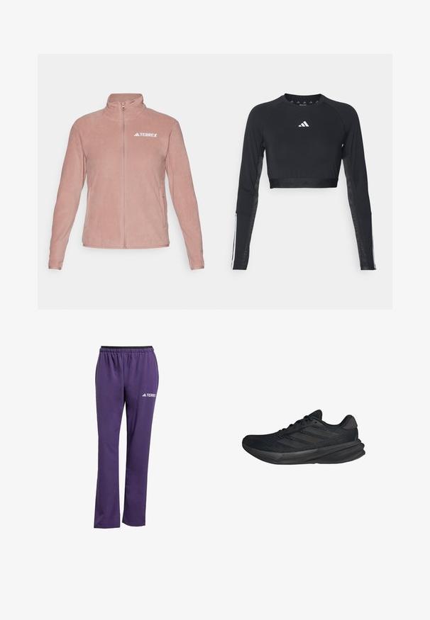 adidas Terrex Forro polar - warm clay; Top de entrenamiento negro recortado de manga larga hecho de una tela suave. Presenta un logo blanco en el pecho y acentos a rayas en las mangas.; Pantalones deportivos morados con una cinturilla elástica negra, diseño de pierna recta y un logo blanco "TERREX" en el lado izquierdo. Textura suave.; Zapatillas deportivas negras con parte superior de malla, forma aerodinámica, suela plana y tres rayas diagonales en el costado. Diseño ligero para mayor comodidad.