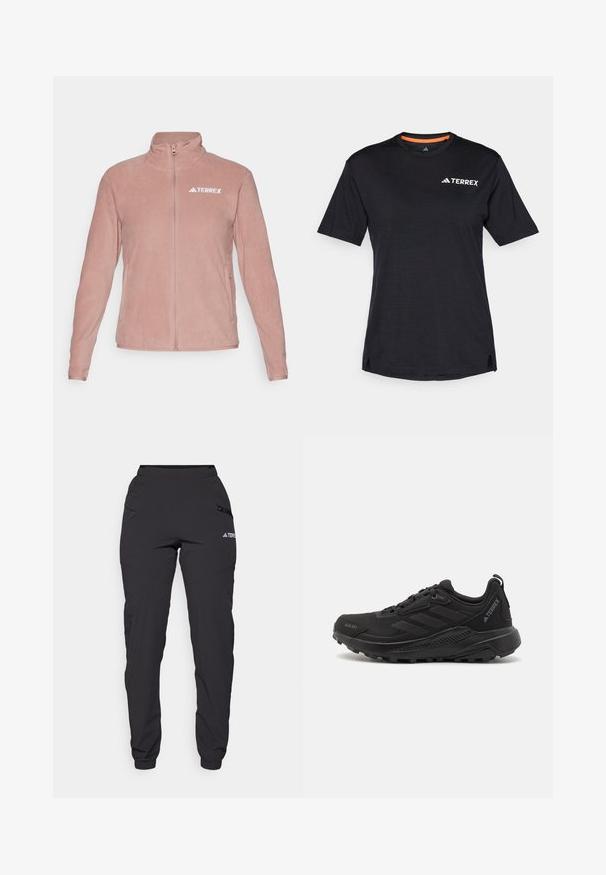 adidas Terrex Flísová bunda - warm clay; Čierne tričko s krátkym rukávom a okrúhlym výstrihom, s jemnou melírovanou textúrou a bielym logom "TERREX" na hornej ľavej strane.; Čierne vodeodolné nohavice s elastickým pásom, zipsovými bočnými vreckami, zúženými nohavicami a rebrovanými manžetami na členkoch. Obsahujú akcenty s logom.; Čierne športové tenisky s textúrovaným syntetickým zvrškom, šnurovaním, hrubou gumovou podrážkou a diskrétnymi logovými akcentmi na boku a päte.